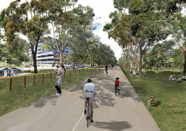 Artist’s impression of the future view along West Domain Avenue, showing proposed street car parking along Park Avenue